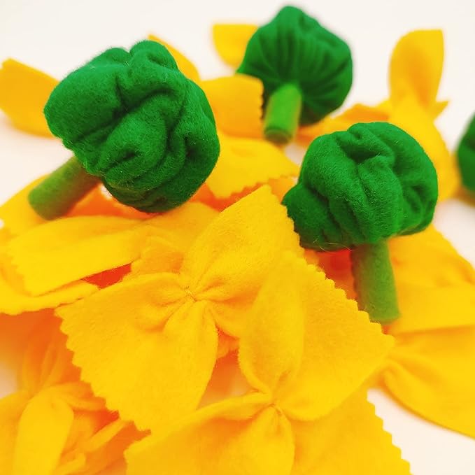 Pasta with broccoli, farfalle, bow tie pasta, felt play food for kids kitchen, pretend play for kids (yellow, set 4 (farfalle, broccoli))