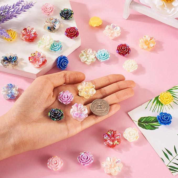 48Pcs Glow in The Dark Flat Back 3D Flower Cabochons Luminous Rose Flower Cabochons Embellishment Resin Floral Spring Beads for Phone Cases Scrapbooking DIY Decoration