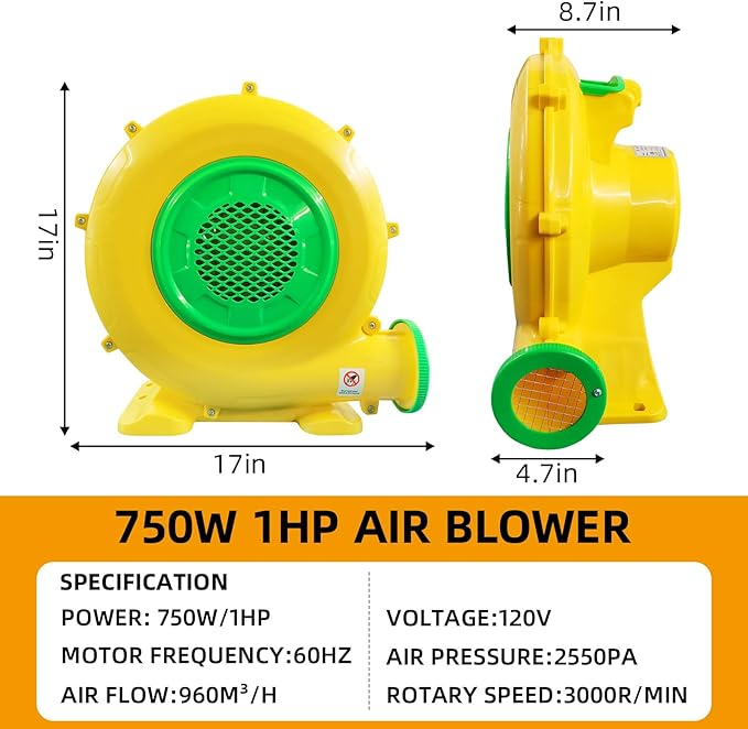 750W Air Blower, Powerful Inflatable Bounce House Blower, Portable Electric Air Blower Fan Pump Perfect for Outdoor Paint Booth, Bouncy Castle, Jumper, Water Slid, Blower Corded (750W 1HP)
