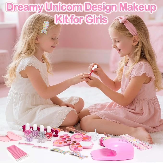 Kids Makeup & Nail Kit for Girls, Washable Cosmetic with Unicorn Storage Case, Kids Play Makeup Set, Girls Nail Polish and Press on Nails for Girl Birthday Gift 8 10 11 12+