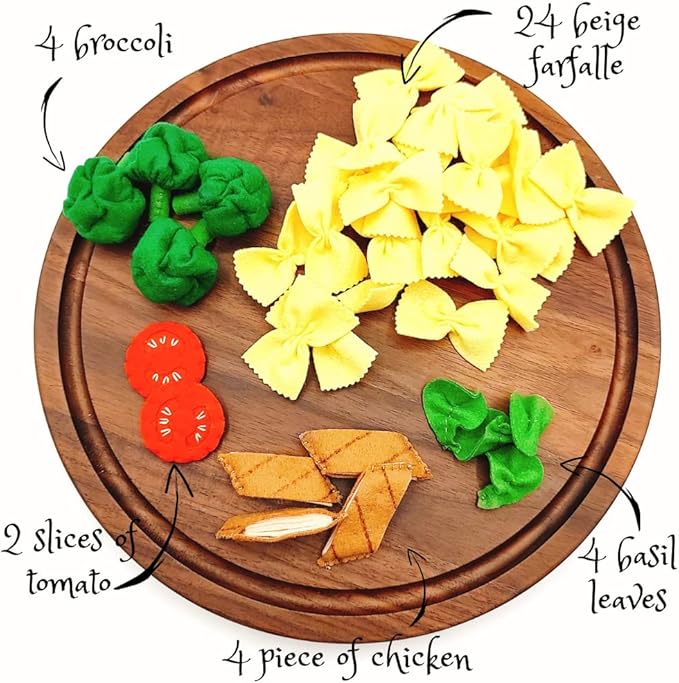 Pasta with broccoli, farfalle, bow tie pasta, felt play food for kids kitchen, pretend play for kids (beige, set 1 (farfalle, broccoli, chicken, tomatoes, basil))