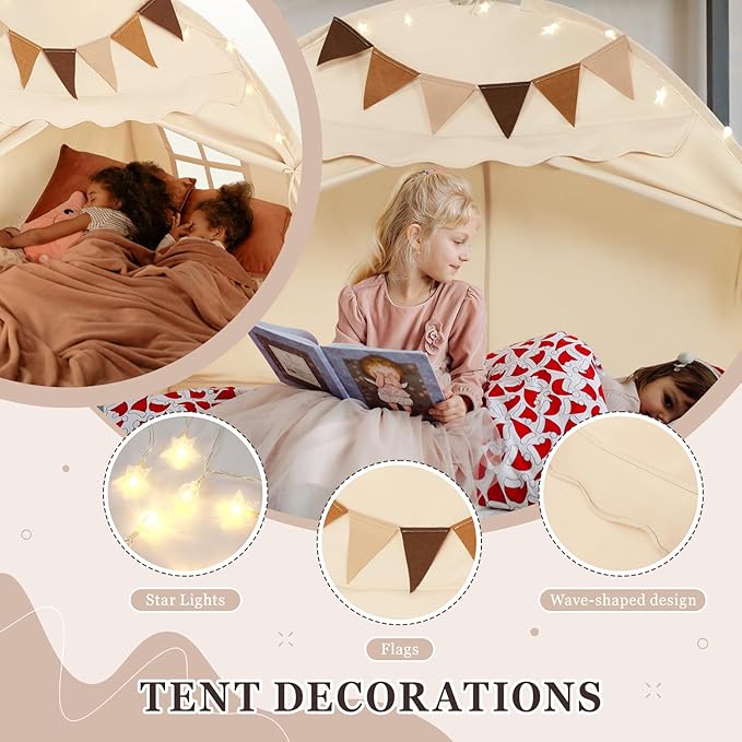 Twin Size Bed Tent Canopy, Kids Play Tent with Flags & Star Lights, Canopy on Bed Privacy Space Sleeping Blackout Tents, Indoor Breathable Portable & Foldable, Girls & Boys Gifts, Cream Castle Style