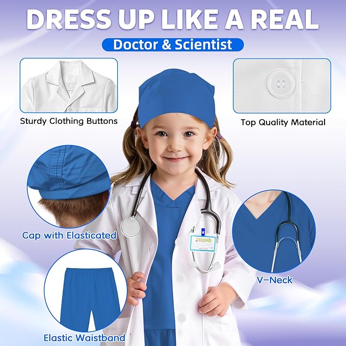 RioRand Doctor Costume for Kids With Stethoscope Lab Coat Career Day Costume Halloween Dress Up For Boys Girls 3-12