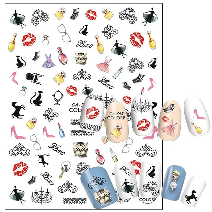 Nail Art Adhesive Sticker Holographic Cake Candy Rose Bow-knot Lips Ballet Gesture Nail Art Decals Design 3D Nail Art Supplies for Women Girls Manicure Tips Charms Decorations DIY Nail Decal(6 Sheets)