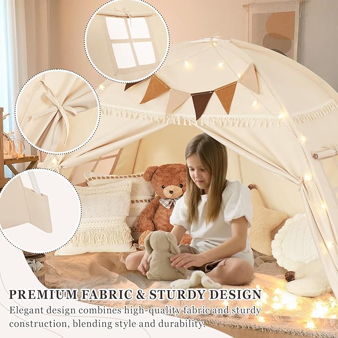 Full Size Bed Tent Canopy, Kids Play Tent with Flags & Star Lights, Canopy on Bed Privacy Space Sleeping Blackout Tents, Indoor Breathable Portable & Foldable, XL-Large Cream Tassels Style