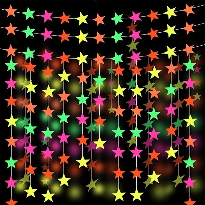 106feet Glow in The Dark Neon Star Paper Garland Under Blacklight for Birthday Party Supplies and Decorations Hanging Fluorescent Green Pink Streamers for Party Favors Wedding Accessories