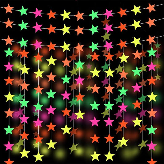106feet Glow in The Dark Neon Star Paper Garland Under Blacklight for Birthday Party Supplies and Decorations Hanging Fluorescent Green Pink Streamers for Party Favors Wedding Accessories