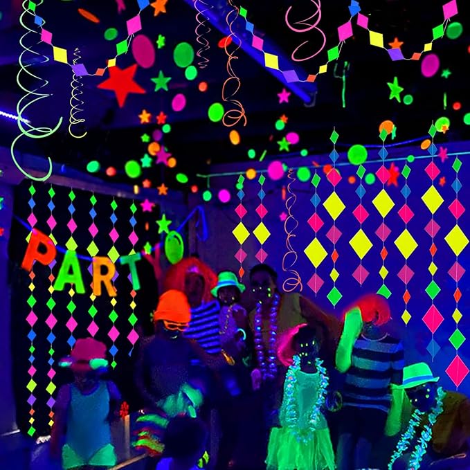 122feet UV Neon Streamers Glow Garland Hanging Paper Glow in The Dark Supplies and Decorations Blacklight Reactive Fluorescent Black Light Party Kit Neon Party Supplies for Birthday Wedding