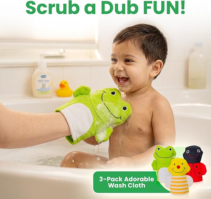 Made Easy Kit Hand Puppet Bath Wash Mitt Towel with Animal Designs with Loofahs for Fun Interactive Bathing Time (Red Green Yellow (No Loofah))