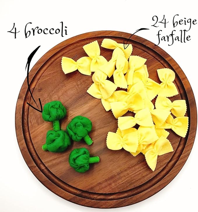 Pasta with broccoli, farfalle, bow tie pasta, felt play food for kids kitchen, pretend play for kids (beige, set 4 (farfalle, broccoli))