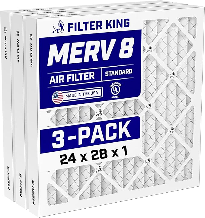 Filter King 24x28x1 Air Filter (MERV 8) (3-Pack) Dust & Allergy Control AC Furnace Filters, MADE IN USA, HVAC, Pleated, Electrostatic (Actual Size: 23.5 x 27.5 x .75)