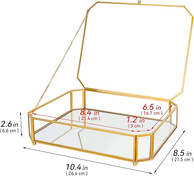 Large Glass Boxes for Display Handmade, Mirrored Bottom, Glass Jewelry Box with Lid, Trinket Box Book Photo Keepsake Organizer, Display Case for Vanity Decor Home Dresser, Octagon, Gold