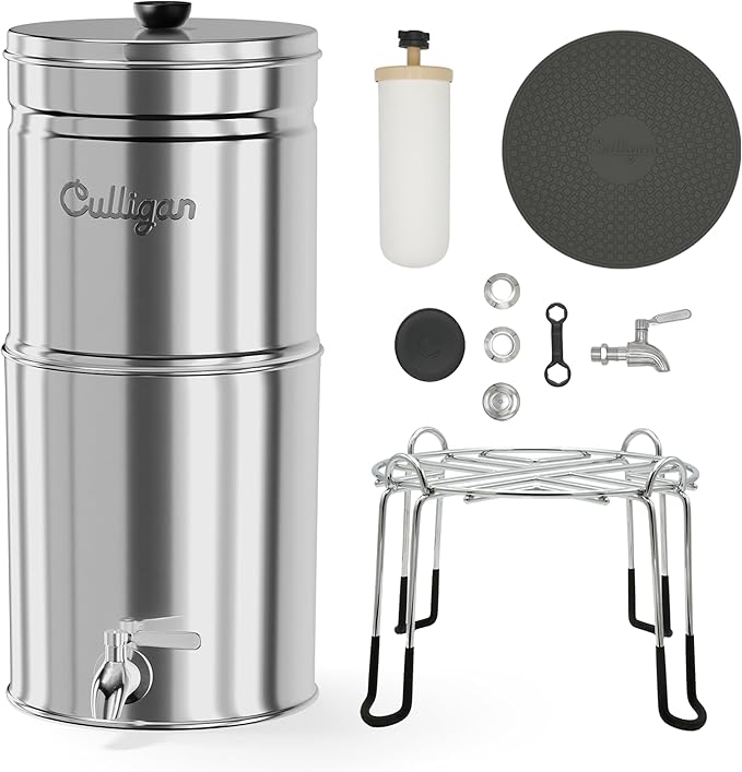 Culligan MaxClear 2.25 Gallon Gravity Water Filter System, Removes Microplastics, PFAS & Lead, NSF/ANSI Certified, Brushed Stainless-Steel Countertop Filter with 1 Ceramic Filter