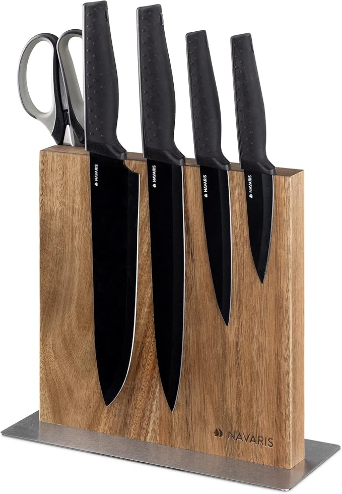 Navaris Magnetic Wooden Knife Block - Kitchen Storage with Strong Magnets for Knives & Utensils - Simple Modern Utensil Holder in Acacia Wood - 8.9" x 8.7"