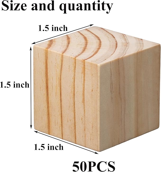 50 Pack Unfinished Wood Blocks 1.5 Inch - Solid Pine Wooden Cubes for Crafts, Sanded Smooth Natural Wood Squares for Painting, DIY Projects, Puzzle Making & Home Decor