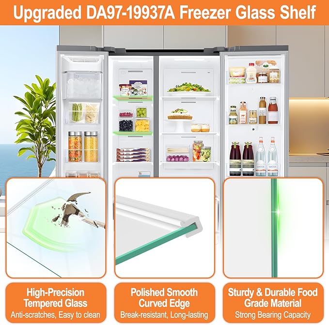 UPGRADED DA97-19937A Freezer Glass Shelf Compatible with Samsung Refrigerator Freezer Shelf Tempered Glass Samsung Fridge Shelf Replacement Part RS22T5201SR RS22T5561SR Upper Freezer Shelves 12"x10.6"