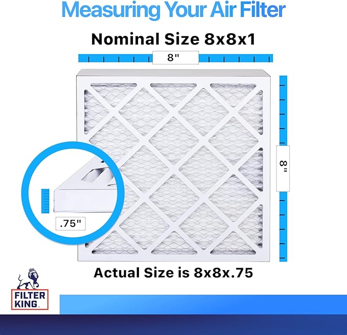 Filter King 8x8x1 Air Filter (MERV 8) (3-Pack) Dust & Allergy Control AC Furnace Filters, MADE IN USA, HVAC, Pleated, Electrostatic (Actual Size: 8 x 8 x .75)