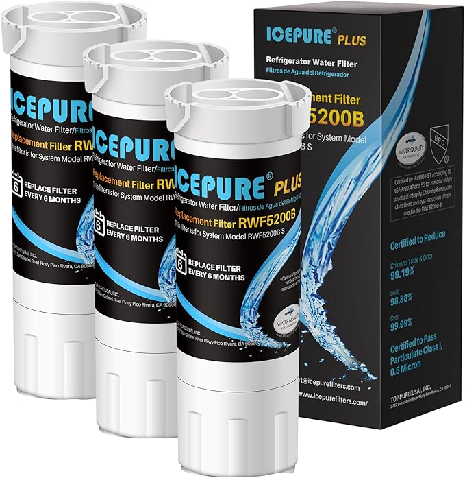 ICEPURE PLUS RWF5200B NSF/ANSI 53 Replacement for XWF (𝐍𝐎𝐓 𝐗𝐖𝐅𝐄), WR17X30702, Applicable models starting with GBE21 GDE21 GDE25 GFE24 GFE26 GNE21 GNE25 GNE27 Refrigerator Water Filter, 3PACK