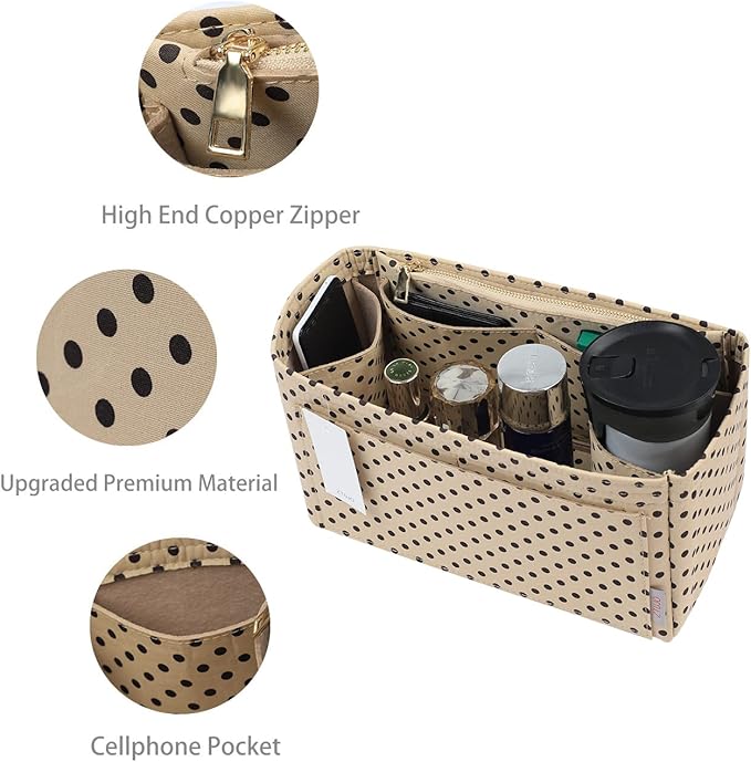 Purse Organizer Insert For Handbags, Silky Touching Bag Organizer Insert With Bottle Holder, Perfect for Speedy, Neverfull, Tote,ONTHEGO ,Artsy,Handbag and More (Slender Large,Brown polk dots Beige)