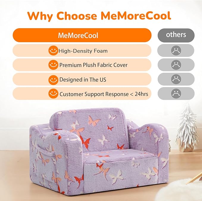 MeMoreCool Glowing Butterfly Kids Chair, 2-in-1 Foldable Kids Couch for Girls, Glow-in-the-Dark Lavender Sofa with Fold-Out Lounger, Soft Foam Kids Furniture for Playroom Nursery, Washable Cover | Reading, Relaxing