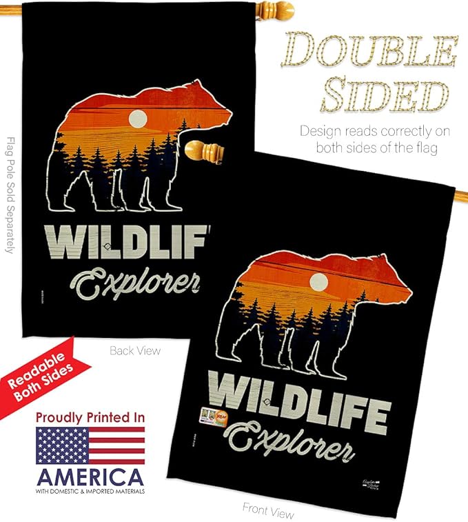 Wildlife Explorer House Flag Outdoor Adventure Rustic Camper RV Trailer Camp Site Campfire Small Decorative Gift Yard Banner Double-Sided Made In USA 28 X 40