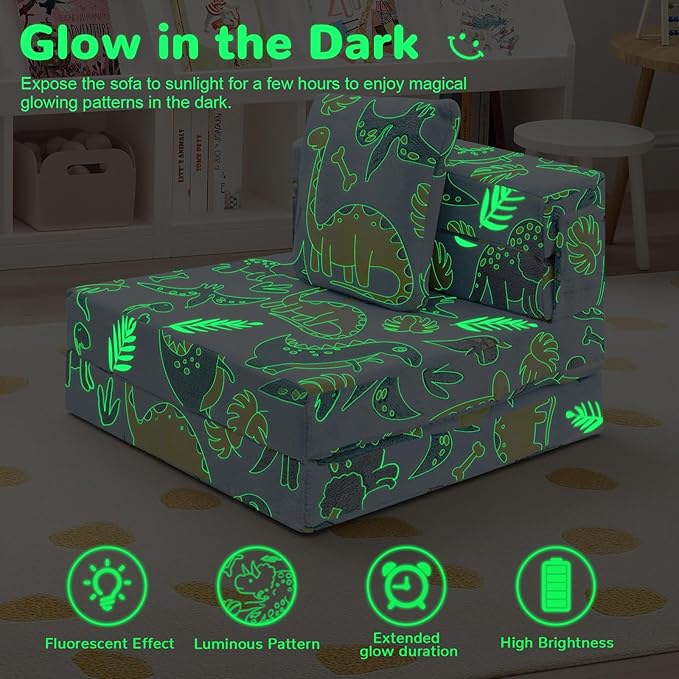 MeMoreCool Glow Dinosaur Tri-fold Sofa Bed for Kids, Foldable Futon Mattress and Chair, Convertible Floor Couch for Playroom