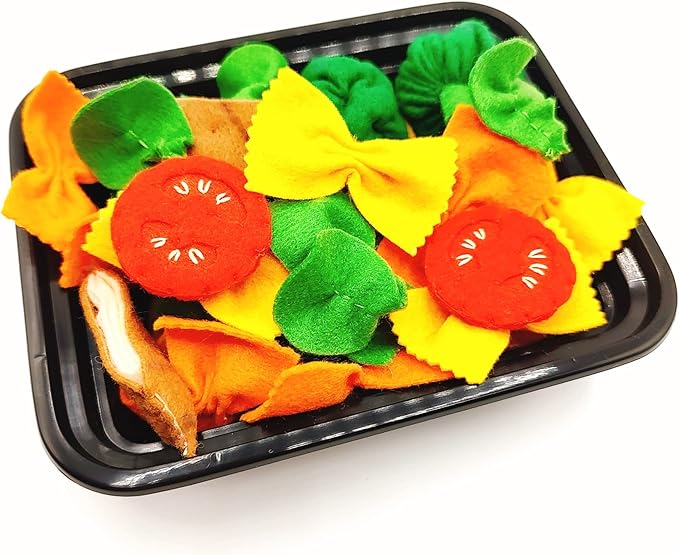 Pasta with broccoli, farfalle, bow tie pasta, felt play food for kids kitchen, pretend play for kids (tri-colors, set 1 (farfalle, broccoli, chicken, tomatoes, basil))