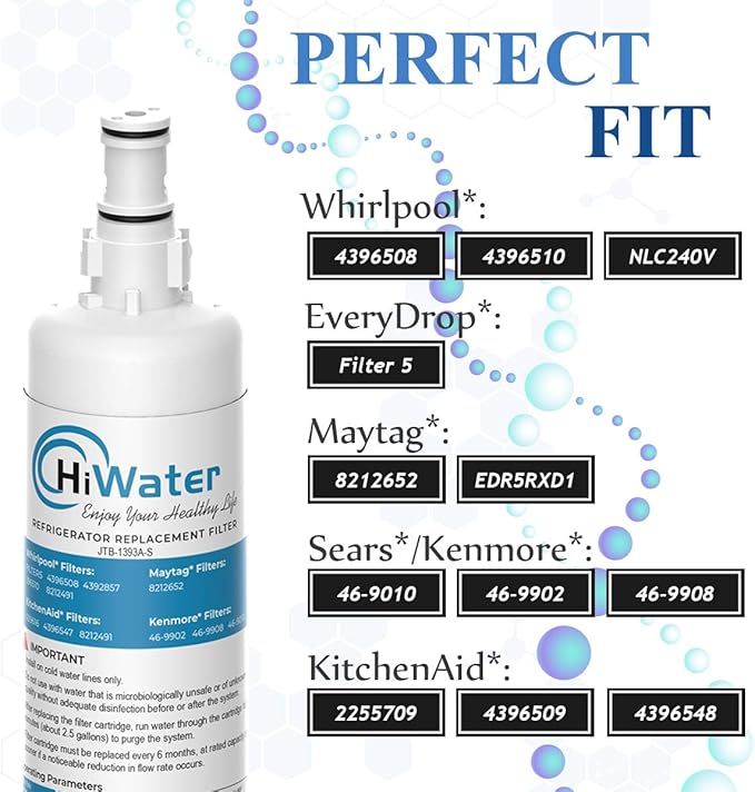 HiWater 4396508 Refrigerator Water Filter, NSF42 Certified, Replacement for EDR5RXD1 Filter 5 PUR W10186668, 4396510, NLC240V, 4392857 46-9010 3PACK