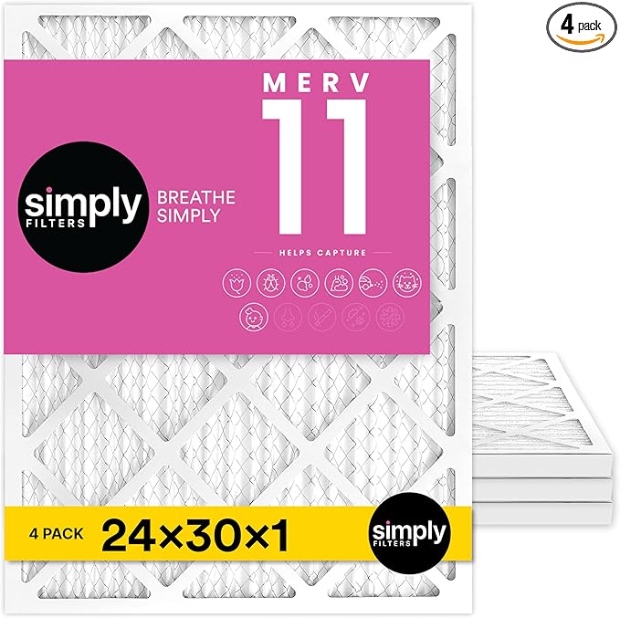 Simply 24x30x1 Air Filter, Merv 11, 4 Pack, For Home AC Furnace & HVAC (Actual Size: 23.94"x29.94"x0.75") DUST, Pet & Allergy Control,