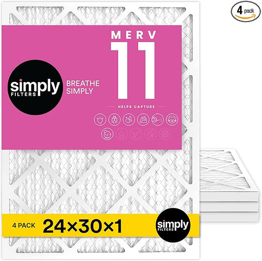 Simply 24x30x1 Air Filter, Merv 11, 4 Pack, For Home AC Furnace & HVAC (Actual Size: 23.94"x29.94"x0.75") DUST, Pet & Allergy Control,