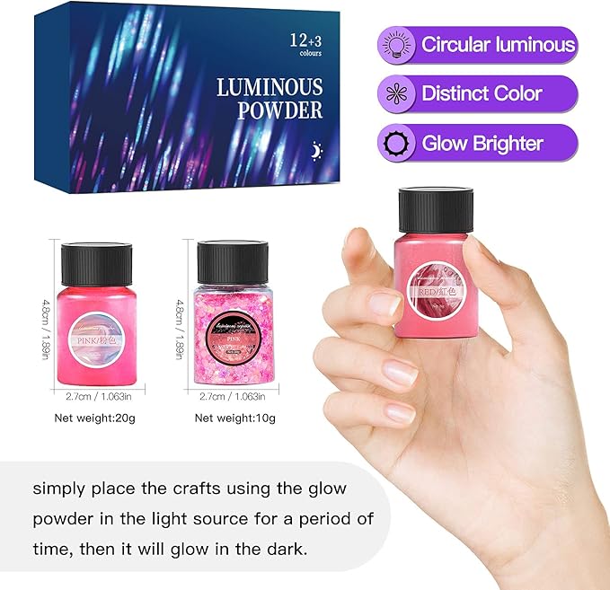 Glow in The Dark Pigment Powder 15 Jar -12 Color Glow Pigment and 3 Color Luminous Flake with UV Lamp - Epoxy Resin Luminous Powder for Slime Kit,Skin, Nail Safe Long Lasting Self Glowing Dye for DIY…