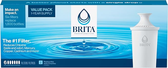 Brita Standard Water Filter for Pitchers and Dispensers,Reduces Copper,Cadmium and Mercury Impurities,Lasts Two Months or 40 Gallons,Includes 6 Filters for Pitchers,(Pack of 4)