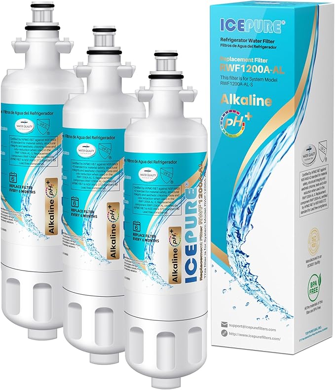 ICEPURE Alkaline ADQ36006101 Refrigerator Water Filter Replacement for LG LT700P, Kenmore Elite 46-9690, FML-3, ADQ36006102, RWF1052, CLCH106, RWF1200A, LFX28968ST, LFXS29626S, Enhances PH, 3Pack
