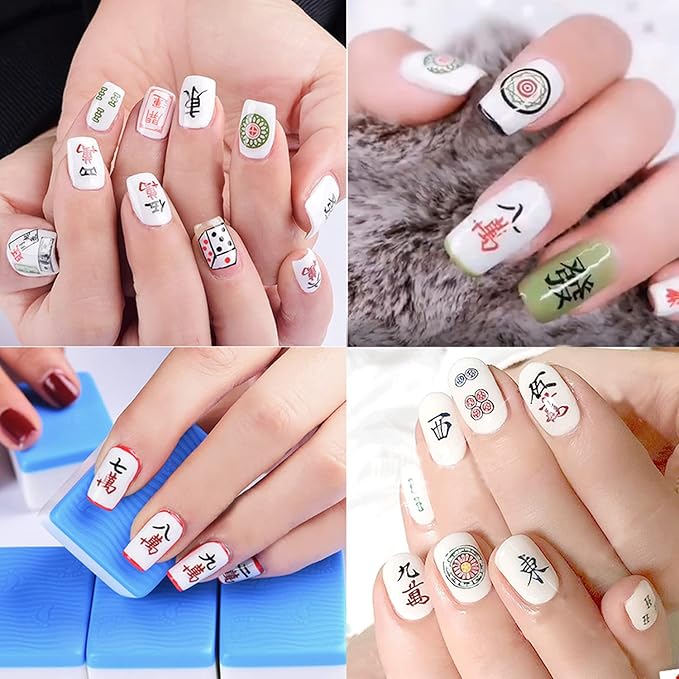 Funny Mahjong Nail Art Stickers - Chinese Playing Cards Game Design, 3D Decals, Luck Nail Art Supplies (6 Sheets)