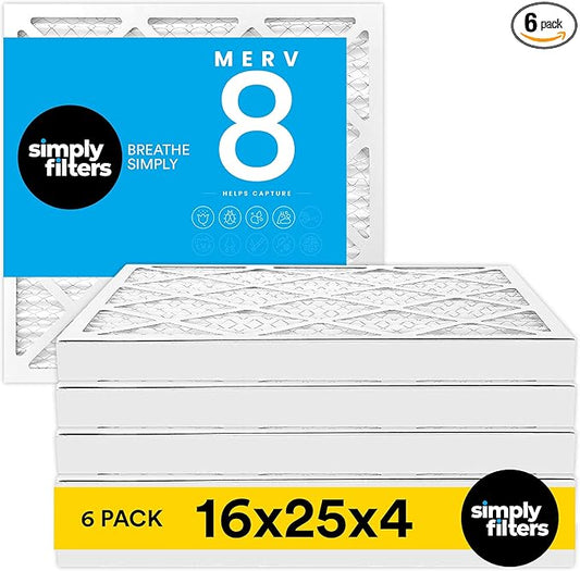 Simply 16x25x4 Air Filter MERV 8, 6 Pack, For Home AC Furnace & HVAC (Actual Size: 15.5"x24.5"x3.63") DUST Pet & Allergy Control,