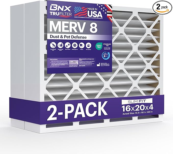 BNX TruFilter 16x20x4 (15.5’’ x 19.5’’ x 3.63‘’ Slim Fit) MERV 8 Air Filter (2-Pack) - MADE IN USA - Dust & Pet Defense Air Conditioner HVAC AC Filters for Dust, Pet, Mold, MPR 600 – 700 & FPR 5