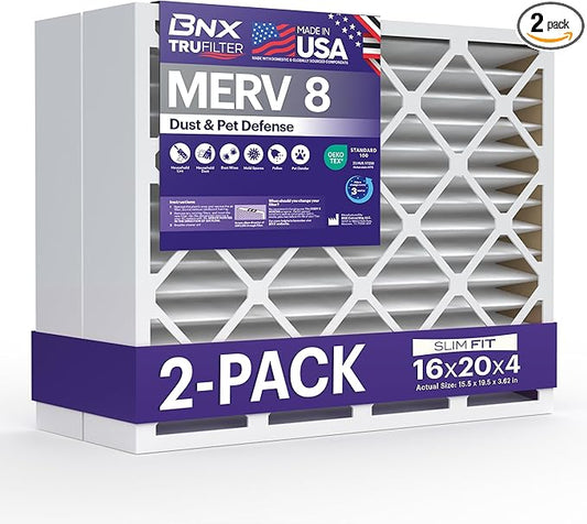 BNX TruFilter 16x20x4 (15.5’’ x 19.5’’ x 3.63‘’ Slim Fit) MERV 8 Air Filter (2-Pack) - MADE IN USA - Dust & Pet Defense Air Conditioner HVAC AC Filters for Dust, Pet, Mold, MPR 600 – 700 & FPR 5