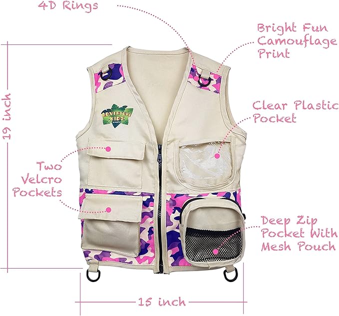 Safari Kidz Outdoor Explorer Kit - Orange and Pink Camouflage Cargo Vest and Hat Set, Backyard Nature Adventures, Washable Costume for children, Bundle (4 items)