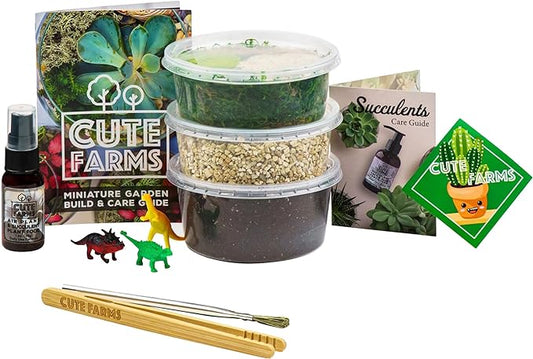 Cute Farms Terrarium Starter Kit | Moss, Vermiculite, Soil, Pebbles, Plant Food, Finishing Tools, Build and Care Guide | DIY Succulent Terrarium (Small)