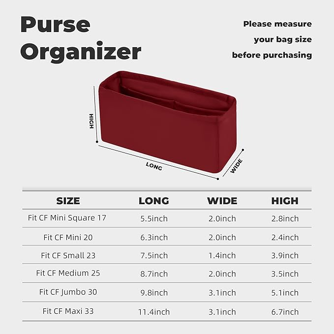 Purse Handbag Silky Organizer Insert Keep Bag Shape Fits Chanel Classic Flap CF Mini Square 17/20/Small/Medium/Jumbo/Maxi Bags, Luxury Handbag Tote Lightweight Sturdy(CF Small 23,Wine Red)