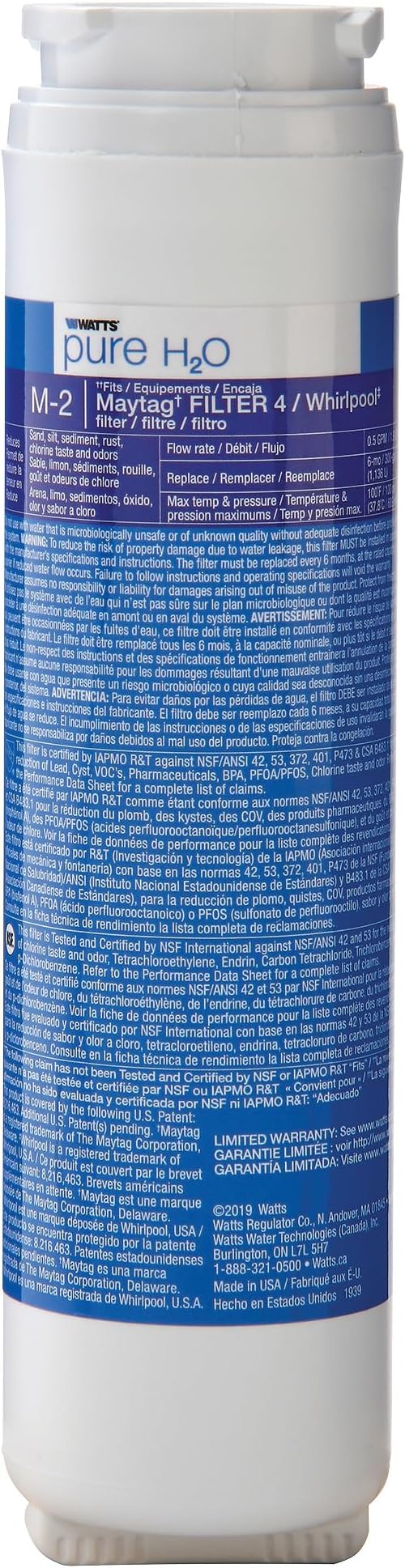 Watts M-2 Maytag Refrigerator Water Filter Replacement Cartridge - Compatible with UKF8001, 6-Month/300 Gallon Life, Reduces Lead, Chlorine, Odor, VOCs, NSF Certified