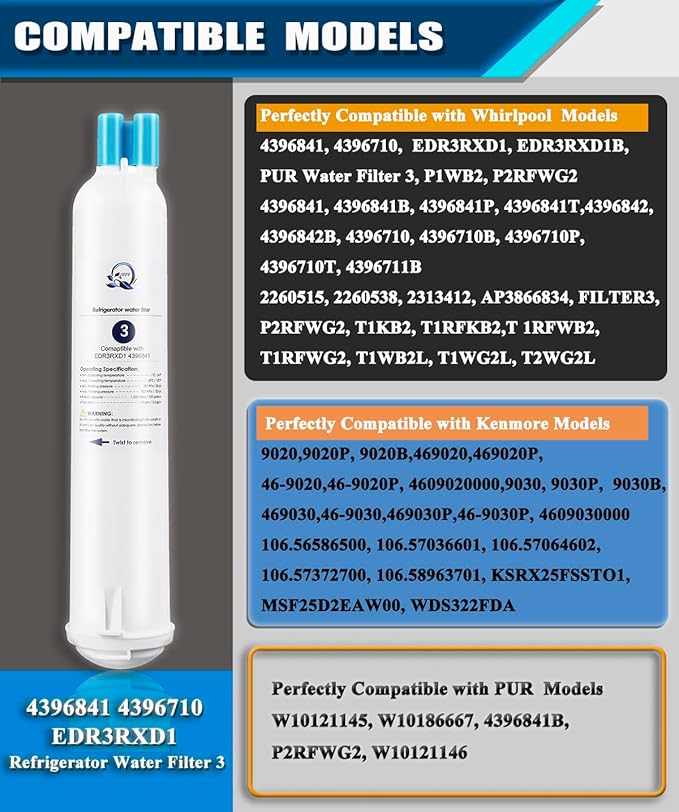 4396841 Refrigerator Water Filter Replacement Compatible with Whirlpool EDR3RXD1 EDR3RXD1B KAD3RXD1 WHR3RXD1 4396841 4396710, Everydrop Filter 3 P1WB2 P2RFWG2,Kenmore 46-9083 46-9030 (3-Pack)