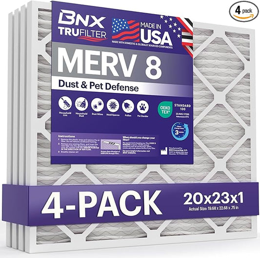 BNX TruFilter 20x23x1 Air Filter MERV 8 (4-Pack) - MADE IN USA – Dust & Pet Defense Electrostatic Pleated Air Conditioner HVAC AC Furnace Filters for Dust, Pet, Mold, Pollen MPR 600 – 700 & FPR 5