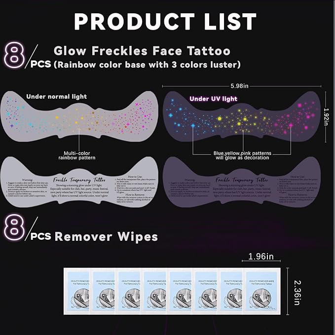8pcs Rainbow Face Glitter Freckles Temporary Tattoos, Glow Under UV Light in The Dark Neon Blacklight Multichrome Fake Speckles Patches Makeup, Cute Star Rave Accessories for Party Festival