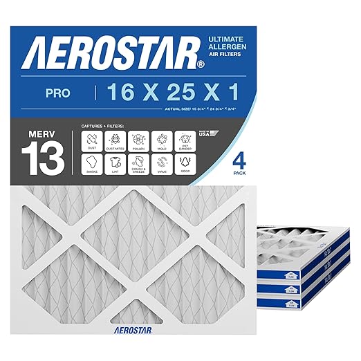 Aerostar 16x25x1 MERV 13 - 4 Count - Pleated HVAC, Furnace & Air Conditioner Filters - Removes Bacteria, Dust, Cold & Flu Germs, Lint, Mold, Pet Dander, Allergy-Causing Pollen, Smog, Smoke & Viruses