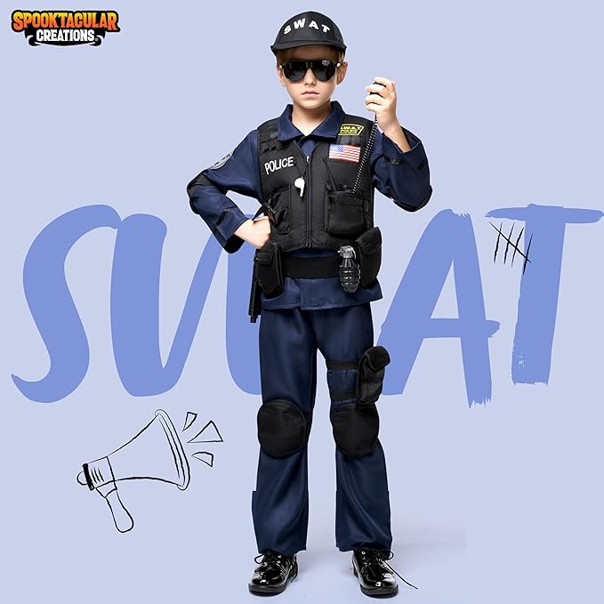 Spooktacular Creations 20PCS Police SWAT Costume for Kids, S.W.A.T. Police Officer Costume for Boys Halloween Cosplay Party