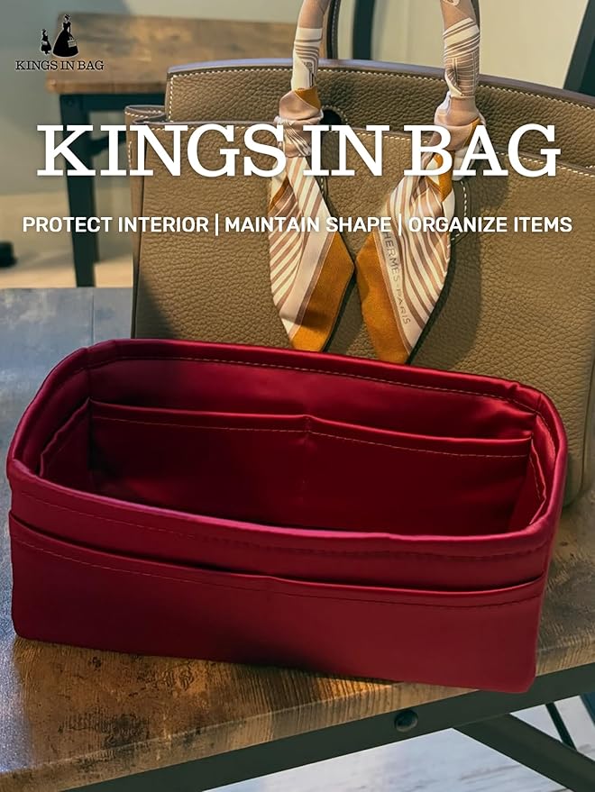 Purse Organizer Insert for Birkin 40, Lightweight & Soft Satin Organizer Insert with Pockets for Woman Bags, Ideal for Travel, Shopping, and Daily Use, Multicolor Options(Rouge H, BK 40)