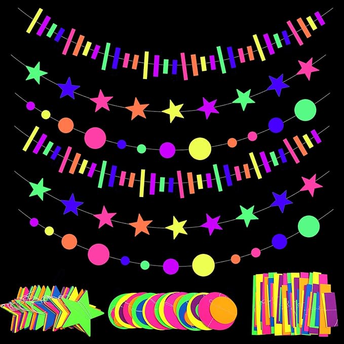 96ft UV Neon Paper Garland Round dot Star Rectangle kit Neon Decor Banners for Glow Party Supplies, UV Reactive Glow in The Dark Streamers for Birthday neon Party Decorations Black Party Supplies…