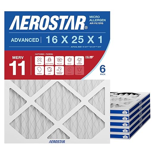 Aerostar 16x25x1 MERV 11 Air Filter, 6 Count, ACTUAL SIZE (15.75 x 24.75 x 0.75), HVAC, Air Conditioning & Furnace Filter for Dust, Pet Dander, Smoke & Allergies (MPR 1200 / FPR 7), Made in USA