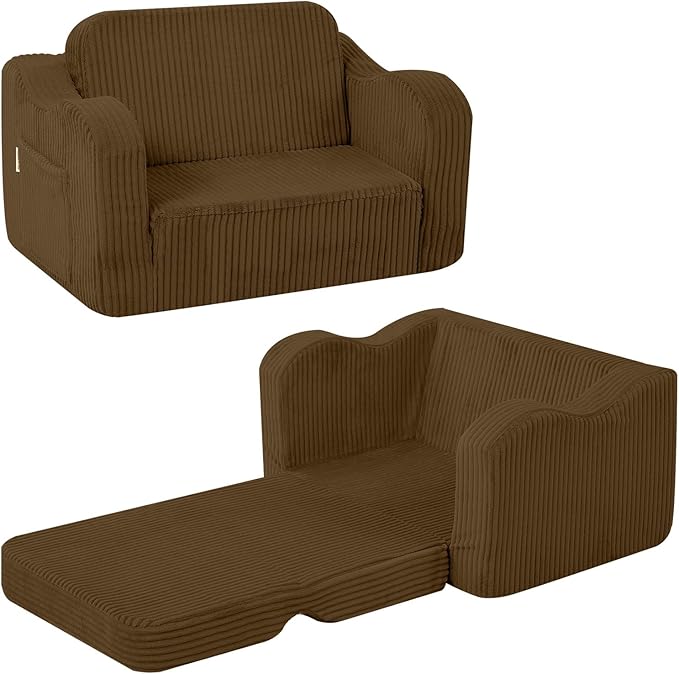 MeMoreCool Toddler Couch, 2-in-1 Corduroy Kids Couch Fold Out to Lounger, Comfy Toddler Chair for 1-3 Year Old, Soft Foam Kids Sofa with Washable Cover for Playroom and Bedroom, Brown